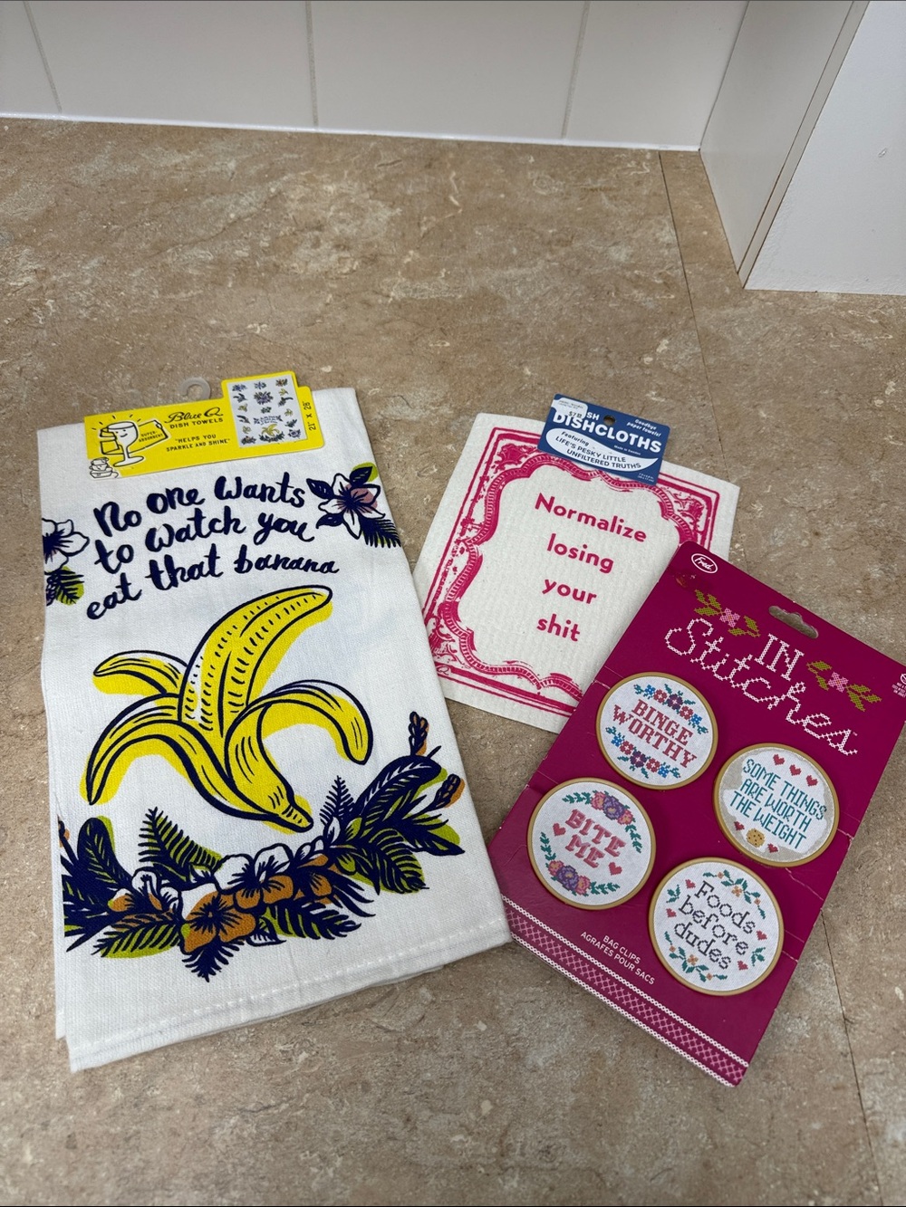 Kitchen Tea Towel Set with Yellow Banana Design and Humorous Dishcloth